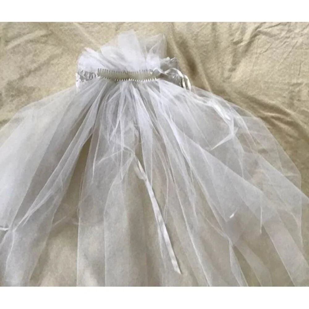 Halloween Costume Wedding Veil Ivory Bow Tulle Beads Half Length Bride Dress Up